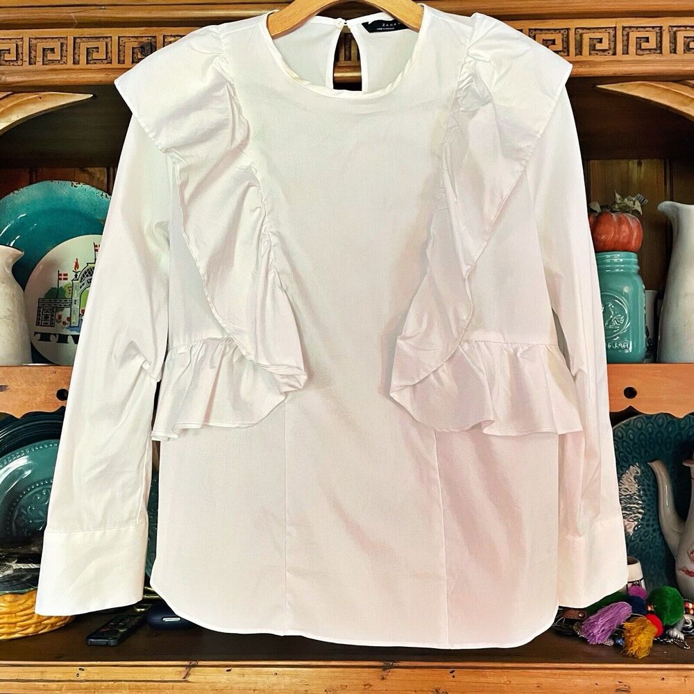 Zara Woman‎ Ruffled Blouse Top Sz S Dramatic 3/4 Sleeves Preppy Boho Pullover